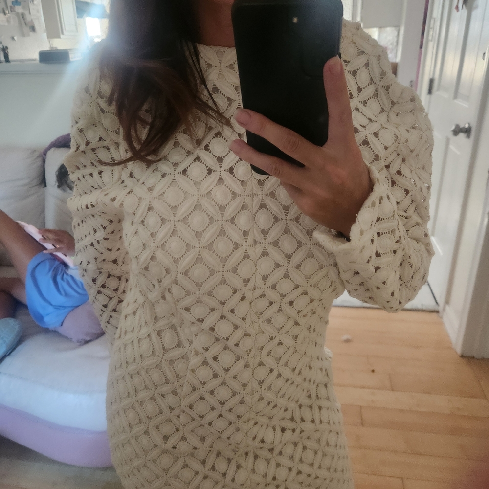 Boho Cream Crochet Long Sleeve Dress Brida Vintage 60s